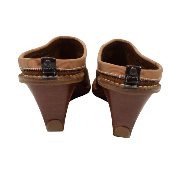 COLE HAAN Cognac Suede Wedge Wooden 3" Heel Mules Shoes Size 8B Slip On Casual - Picture 4 of 10